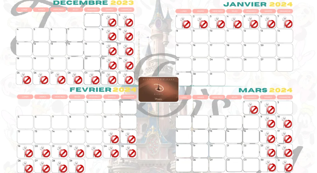 Calendario de los días de acceso Disneyland Pass Bronze-Tout Disney
