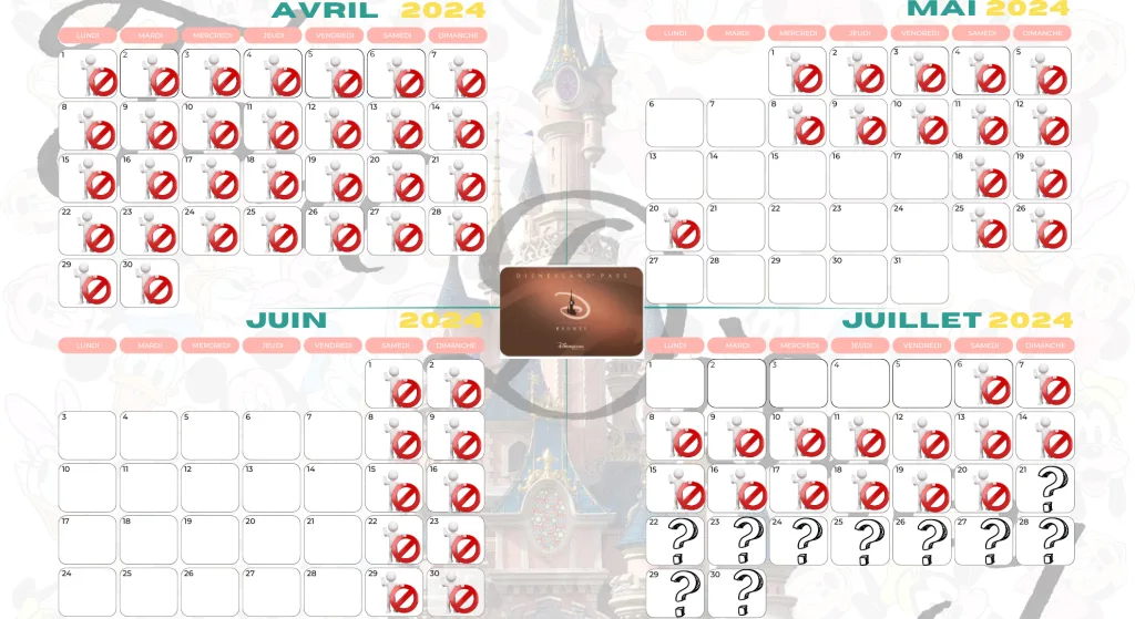 Kalender der Tage mit Zugang zum Disneyland Pass Bronze- Tout Disney