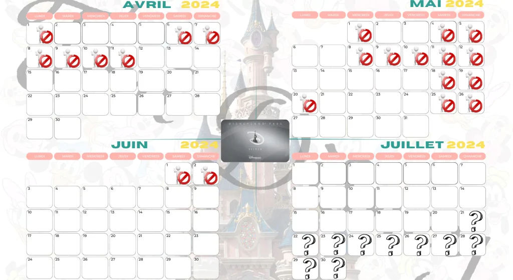 Calendrier des jours d'accès Disneyland Pass Silver - Tout Disney